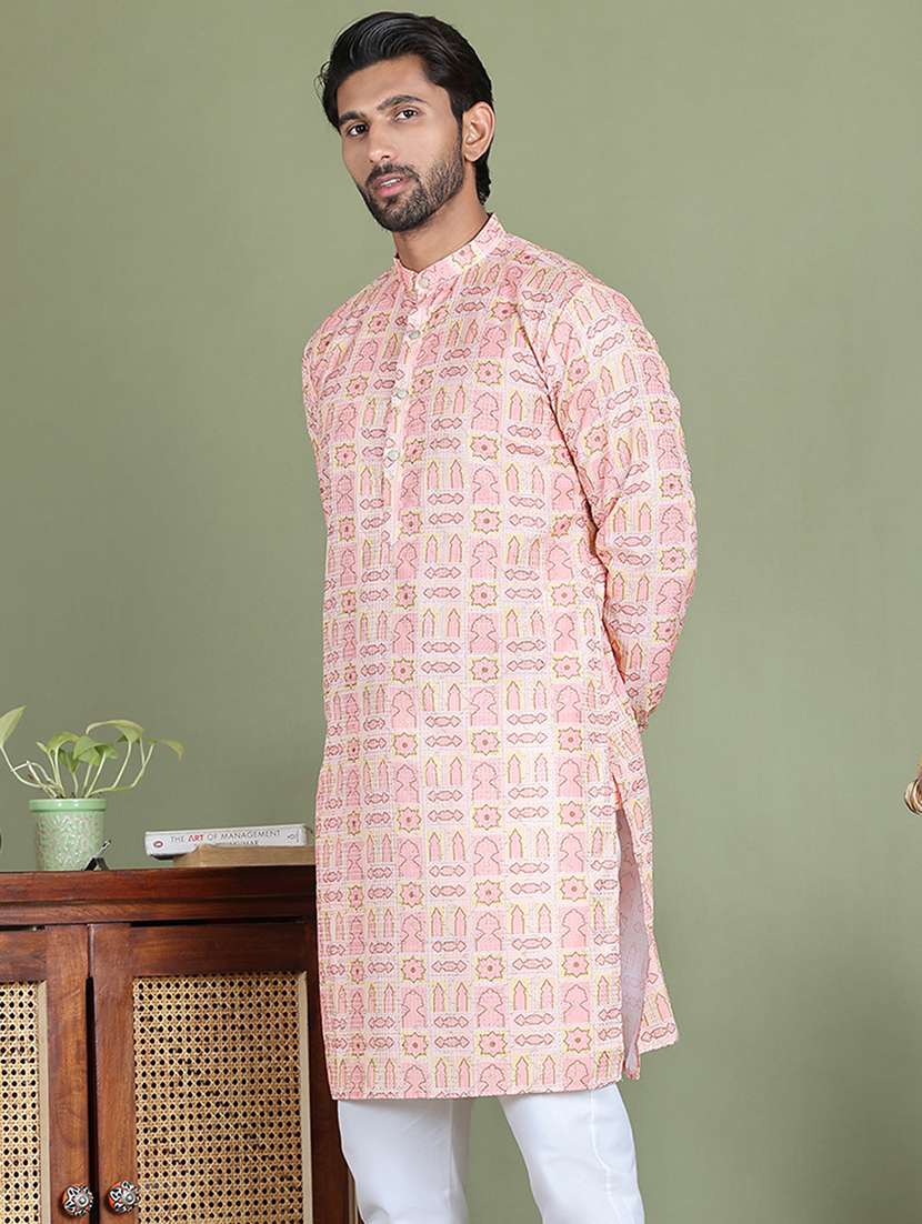men printed mandarin neck long kurta - 21687707 - Standard Image - 2