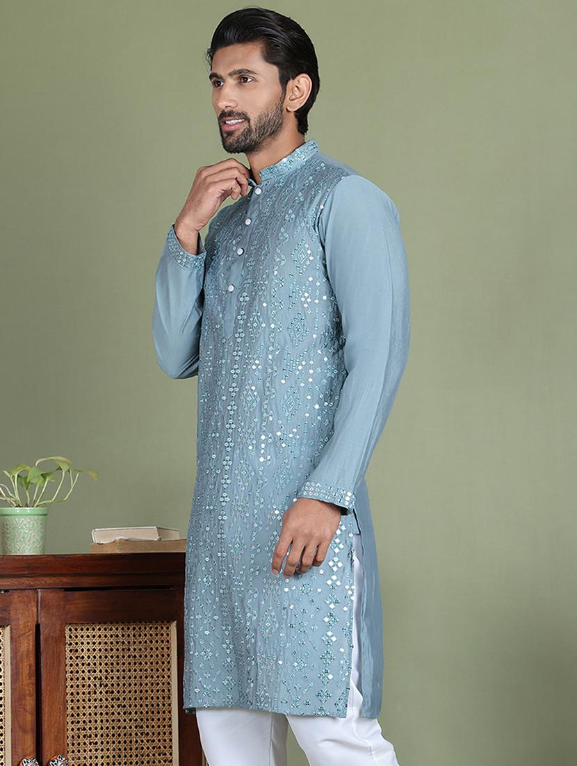 men embroidered mandarin neck long kurta - 21687710 - Standard Image - 2