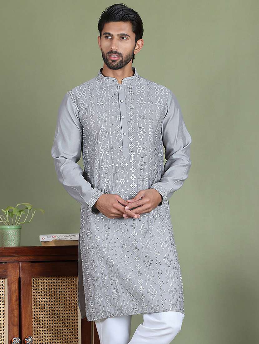 men embroidered mandarin neck long kurta