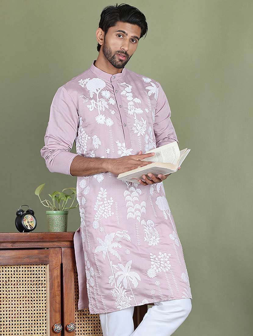 men embroidered mandarin neck long kurta - 21687714 -  Standard Image - 2