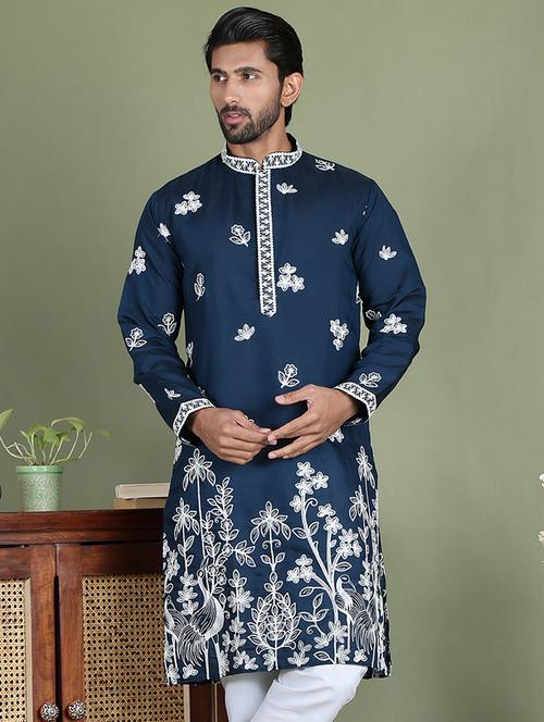 men embroidered mandarin neck long kurta - 21687717 - Standard Image - 0