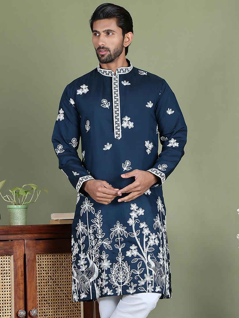 men embroidered mandarin neck long kurta - 21687717 - Zoom Image - 0