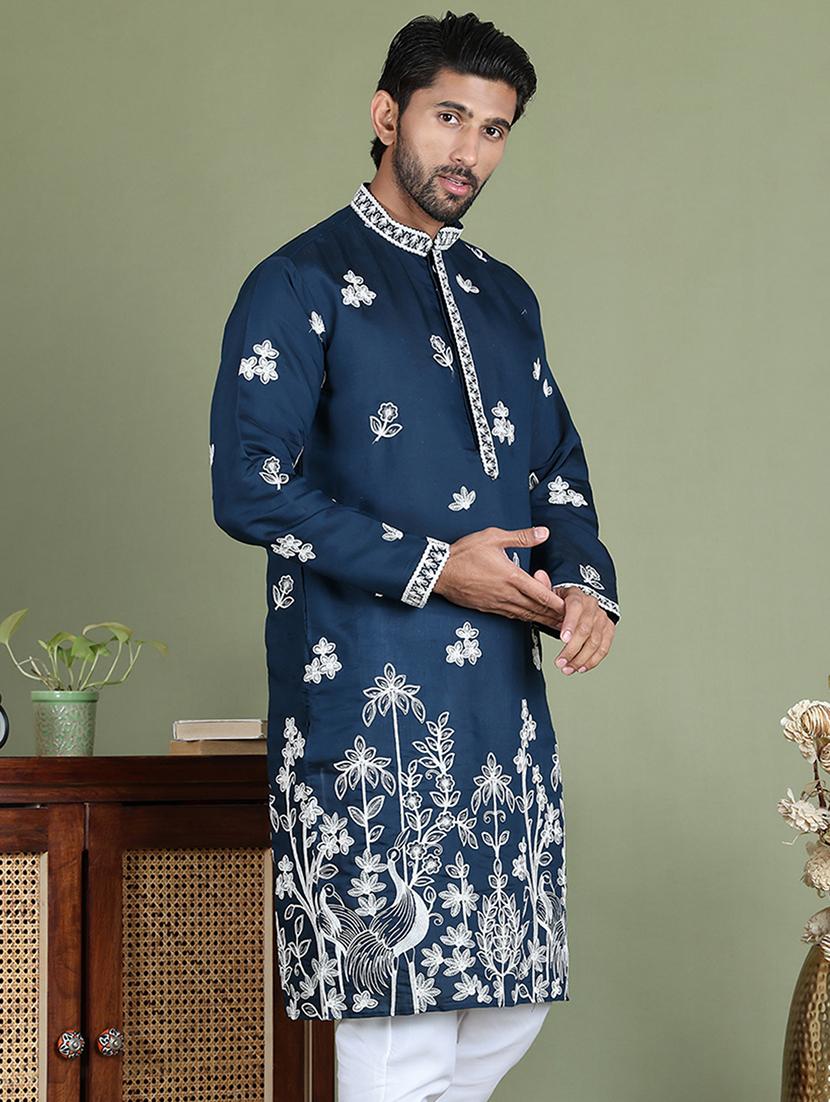 men embroidered mandarin neck long kurta - 21687717 - Standard Image - 2