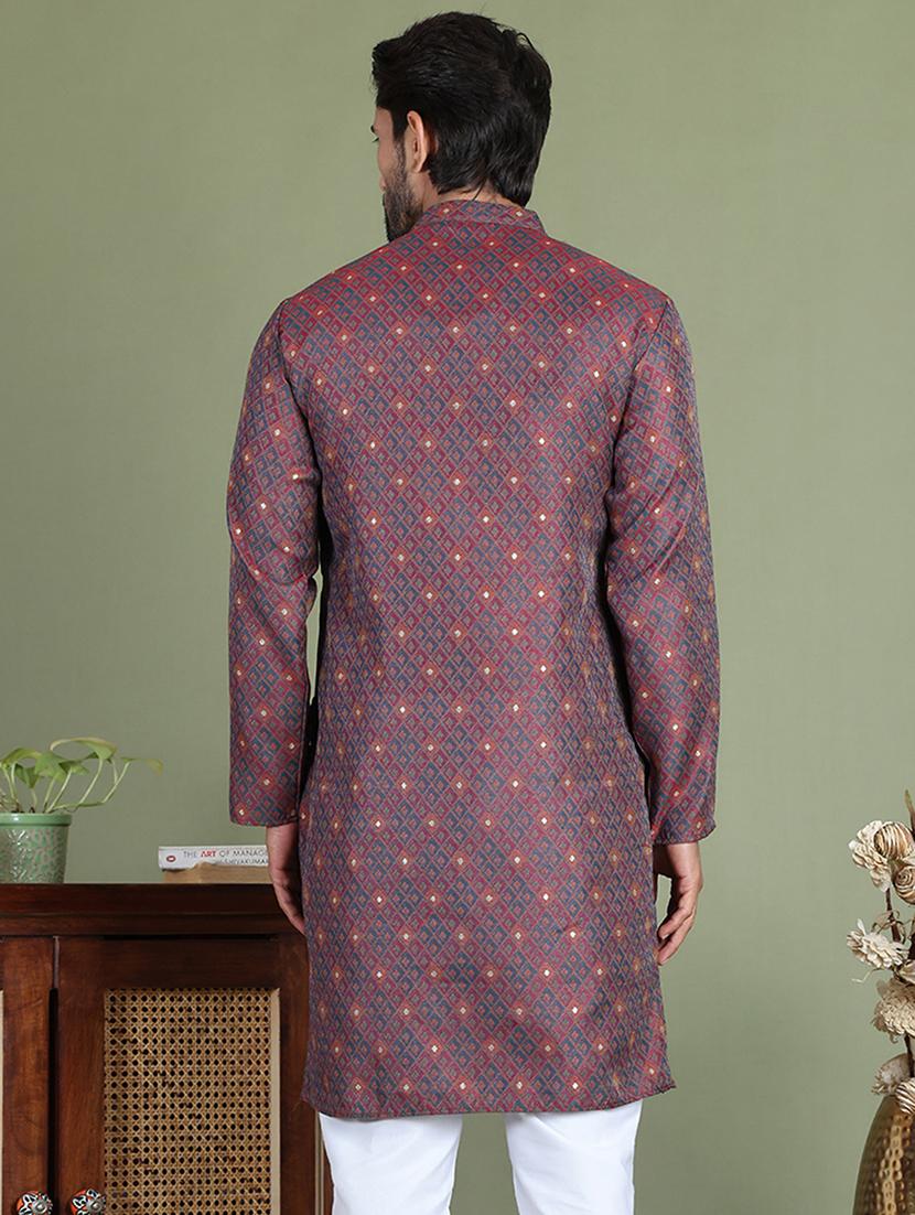 men printed mandarin neck long kurta - 21687722 - Standard Image - 2
