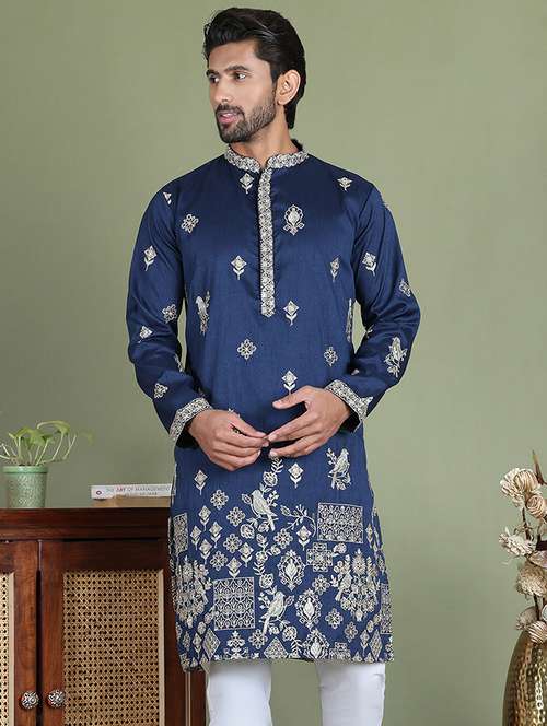 men embroidered mandarin neck long kurta - 21687727 - Standard Image - 0