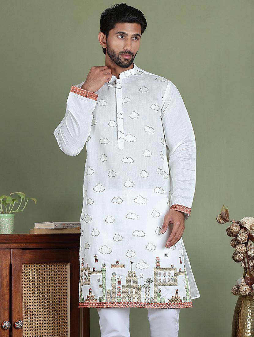 men embroidered mandarin neck long kurta - 21687732 - Zoom Image - 0