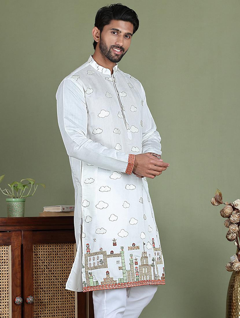 men embroidered mandarin neck long kurta - 21687732 - Standard Image - 2