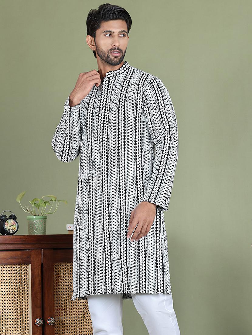 men embroidered mandarin neck long kurta - 21687736 - Standard Image - 2