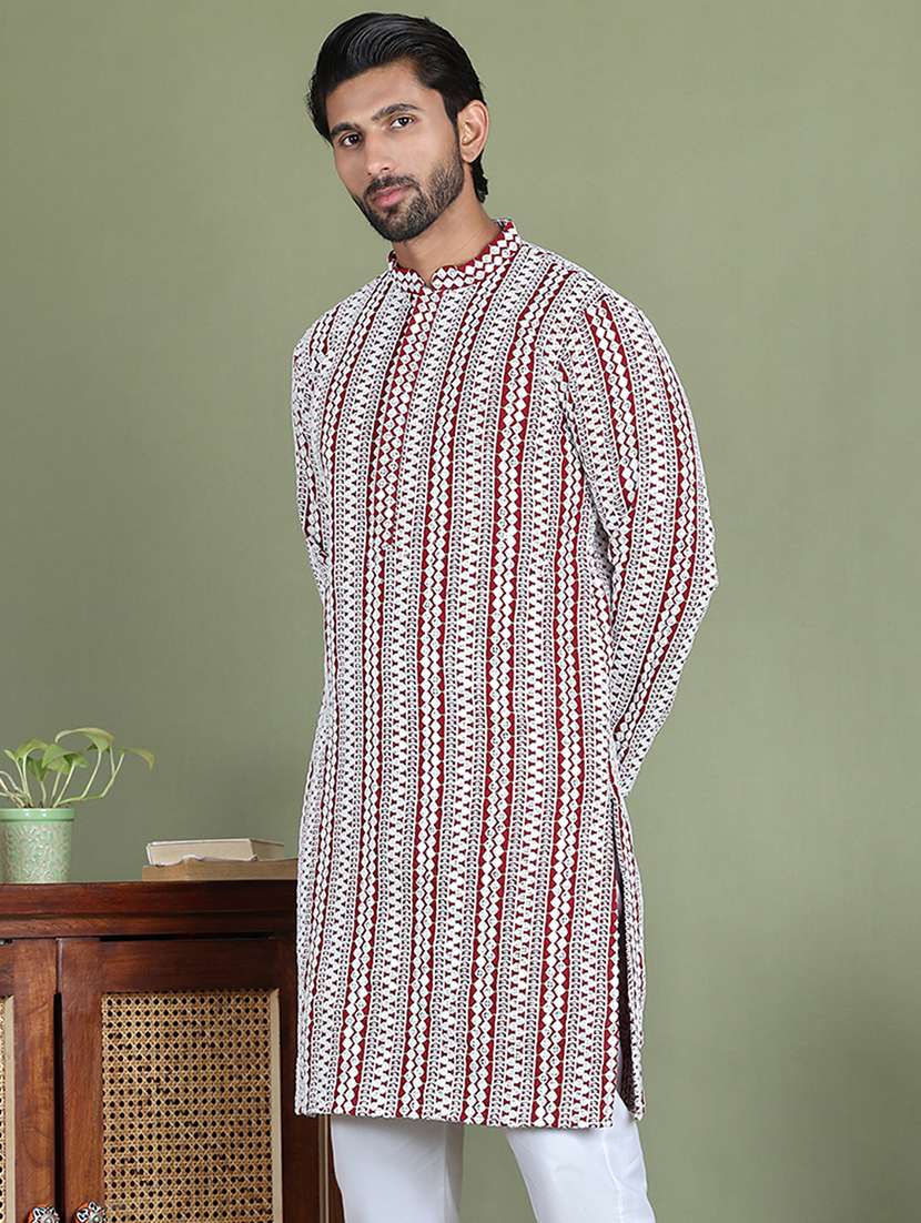 men embroidered mandarin neck long kurta - 21687737 -  Standard Image - 2