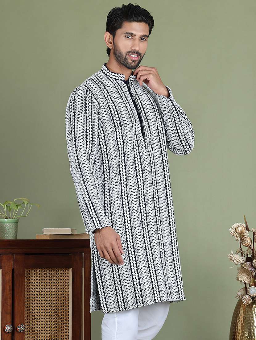men embroidered mandarin neck long kurta - 21687738 - Standard Image - 2
