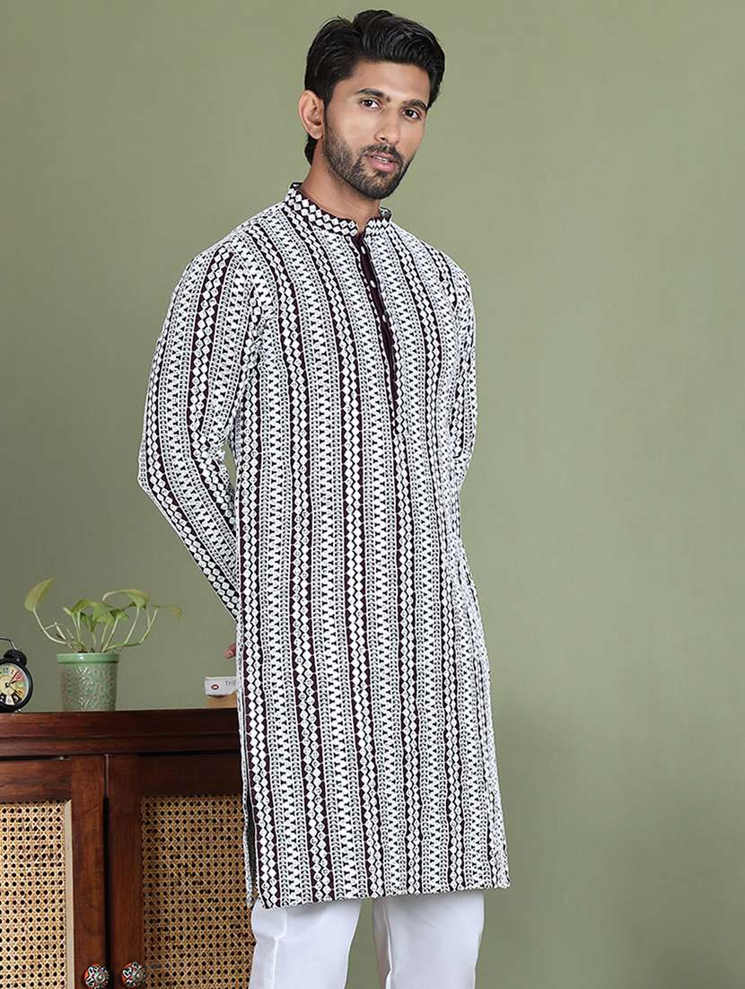 men embroidered mandarin neck long kurta - 21687740 - Standard Image - 2
