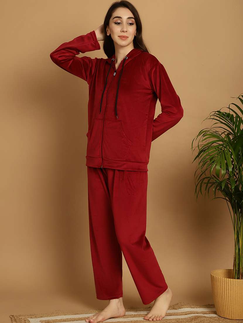 women solid velvet nightwear set - 21687843 - Standard Image - 2