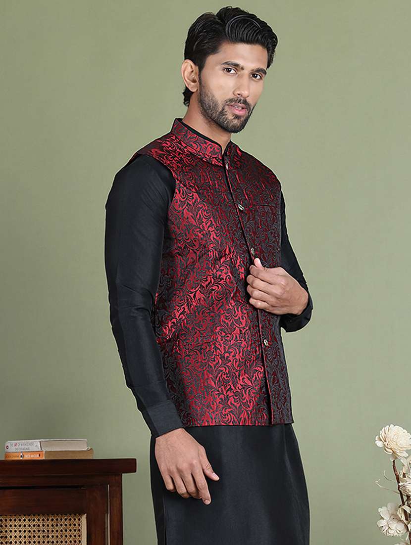 maroon silk blend nehru jacket - 21687878 -  Standard Image - 2