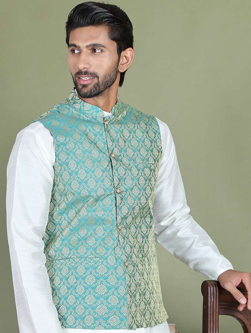 green silk blend nehru jacket - 21687894 -  Standard Image - 2