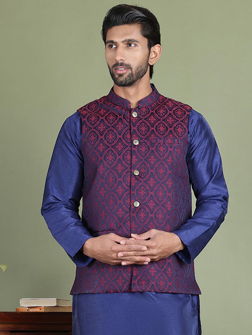 maroon silk blend nehru jacket - 21687896 - Zoom Image - 0