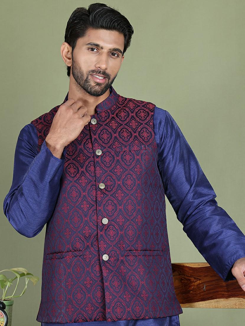 maroon silk blend nehru jacket - 21687896 - Standard Image - 2