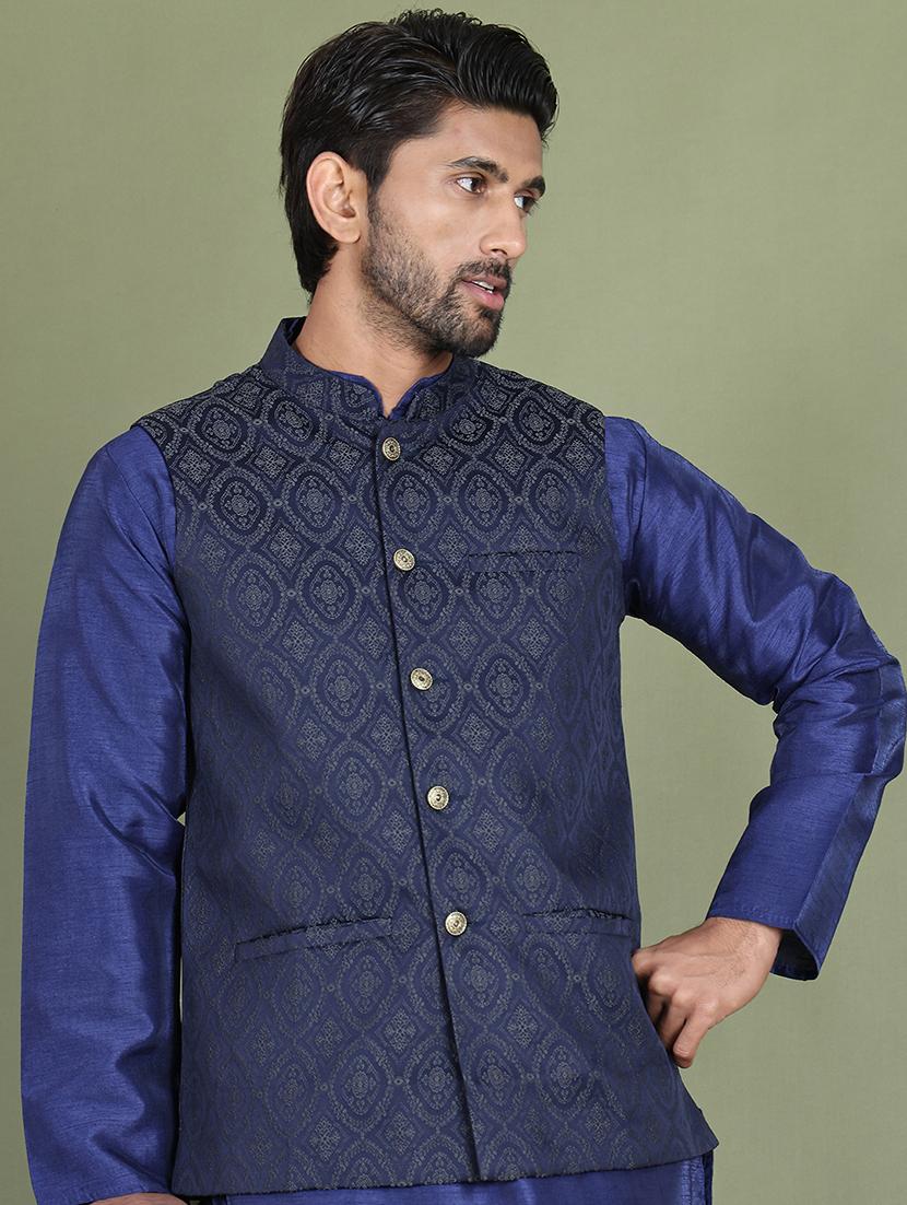 silver silk blend nehru jacket - 21687897 - Standard Image - 2