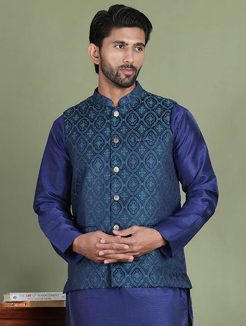 teal silk blend nehru jacket