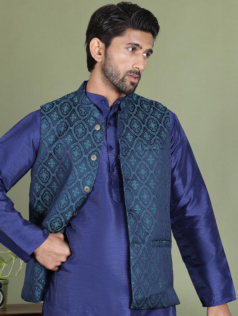 teal silk blend nehru jacket - 21687898 - Standard Image - 2