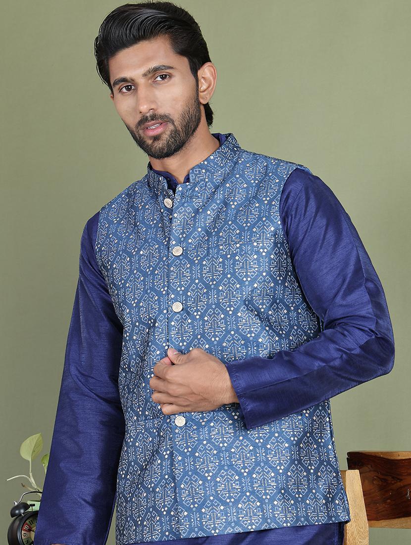 blue silk blend nehru jacket - 21687899 - Standard Image - 2