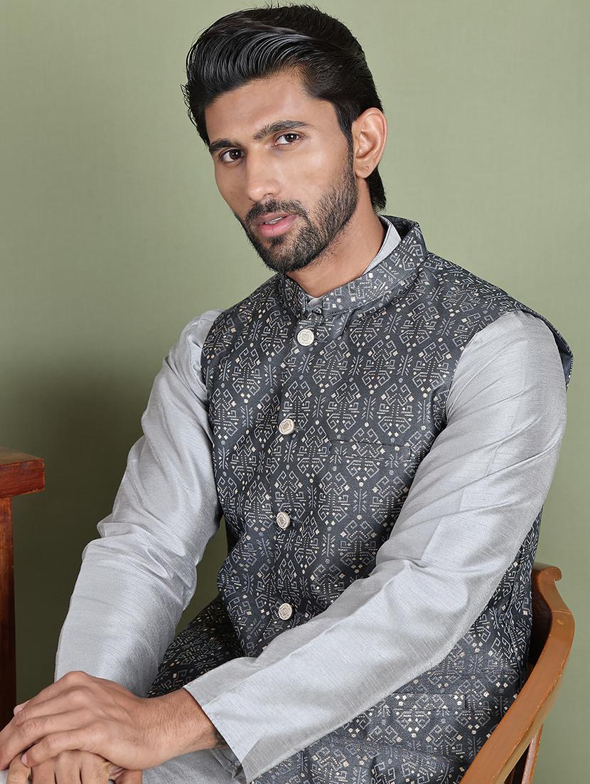 charcoal silk blend nehru jacket - 21687900 - Standard Image - 2