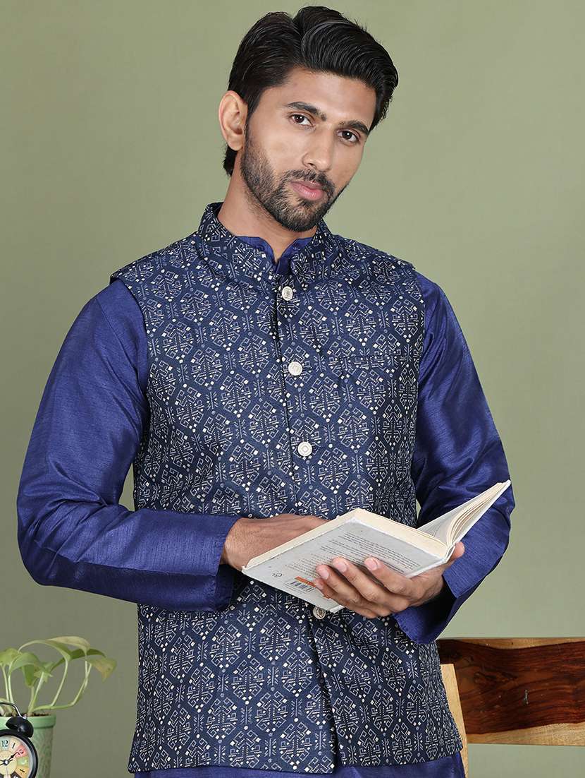 navy blue silk blend nehru jacket - 21687901 -  Standard Image - 2