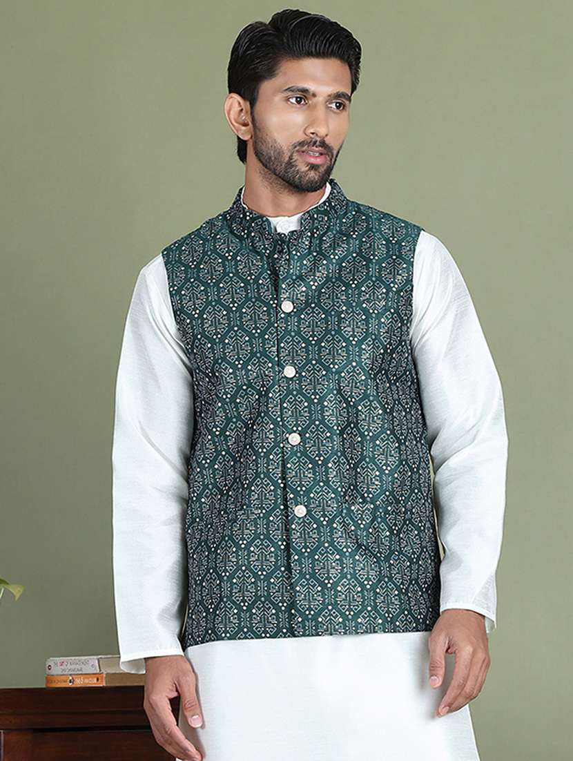 olive silk blend nehru jacket