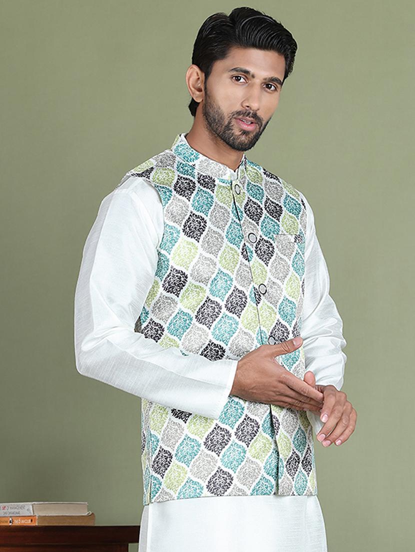 green silk blend nehru jacket - 21687903 - Standard Image - 2