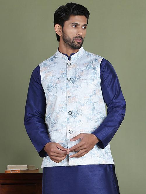 silver silk blend nehru jacket - 21687904 -  Standard Image - 0