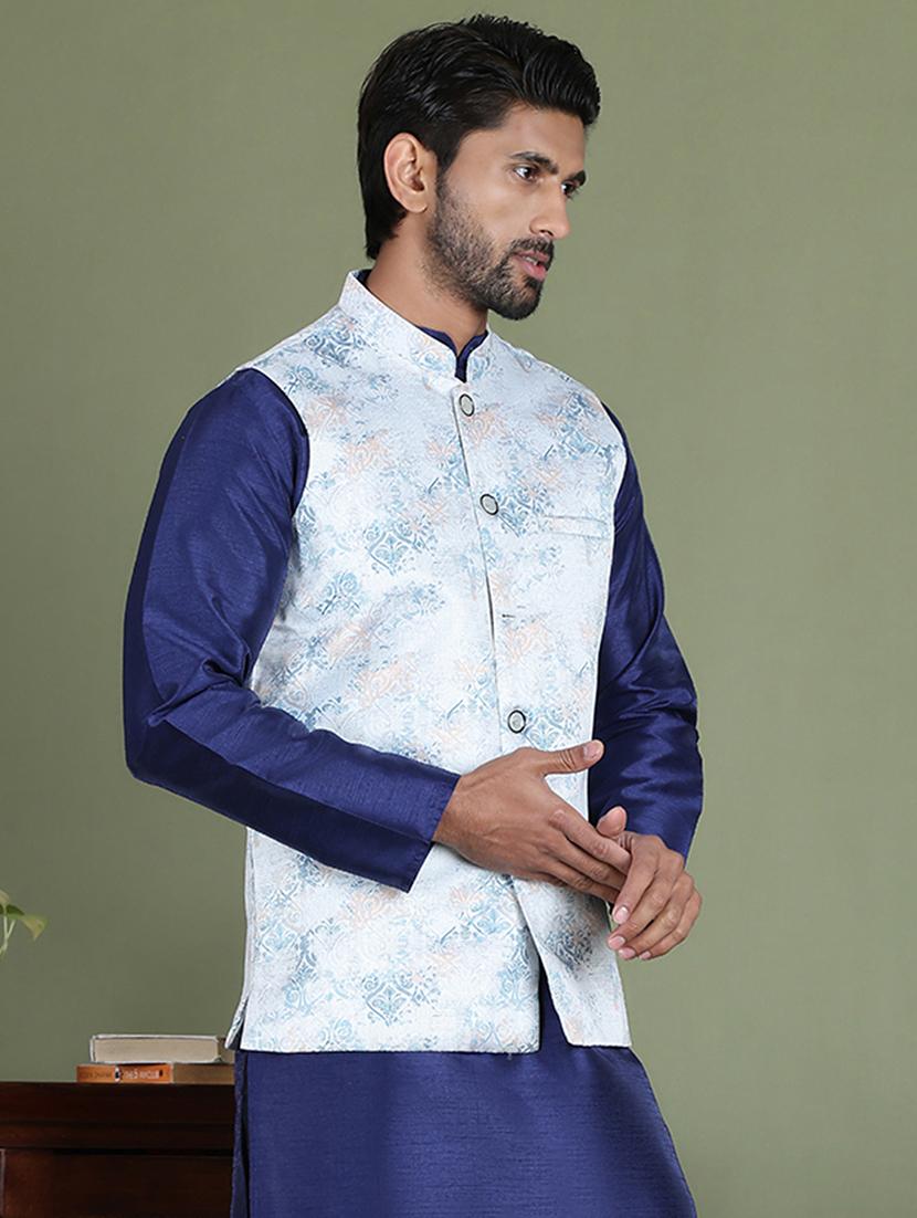 silver silk blend nehru jacket - 21687904 - Standard Image - 2