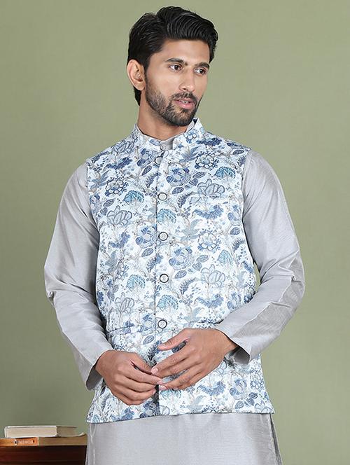 white silk blend nehru jacket - 21687905 - Standard Image - 0