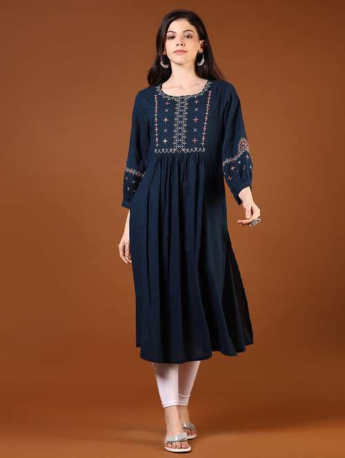 women navy blue three quarter sleeve a-line kurta - 21688084 -  Standard Image - 0