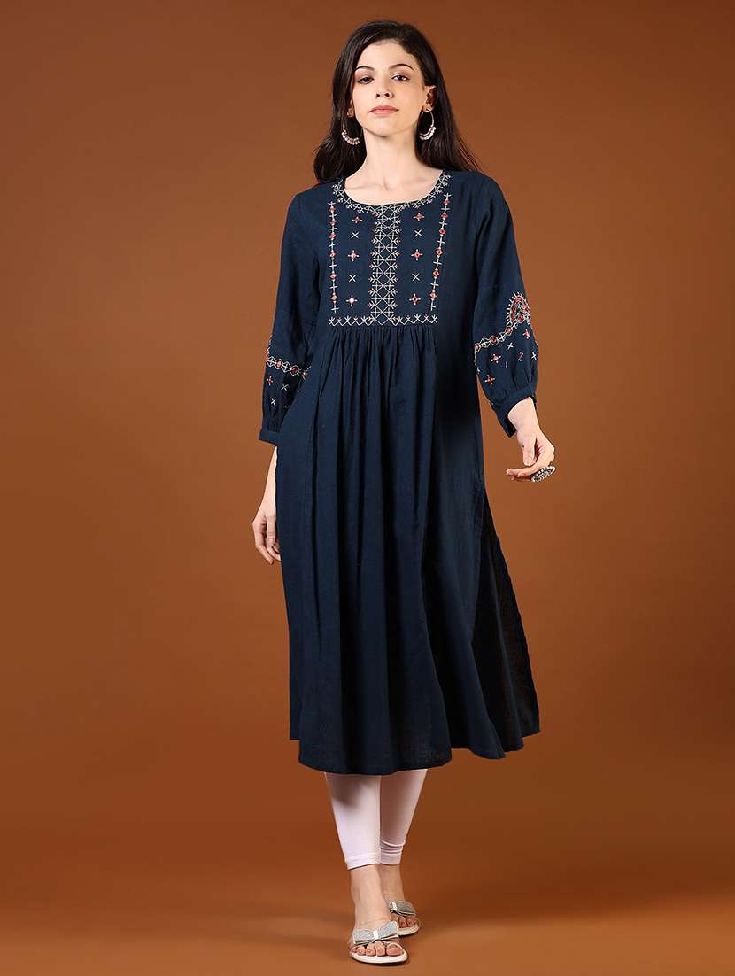 women navy blue three quarter sleeve a-line kurta - 21688084 -  Zoom Image - 0