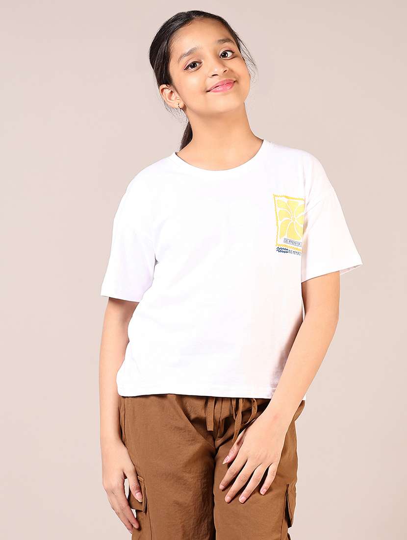 girls white printed round neck t-shirt