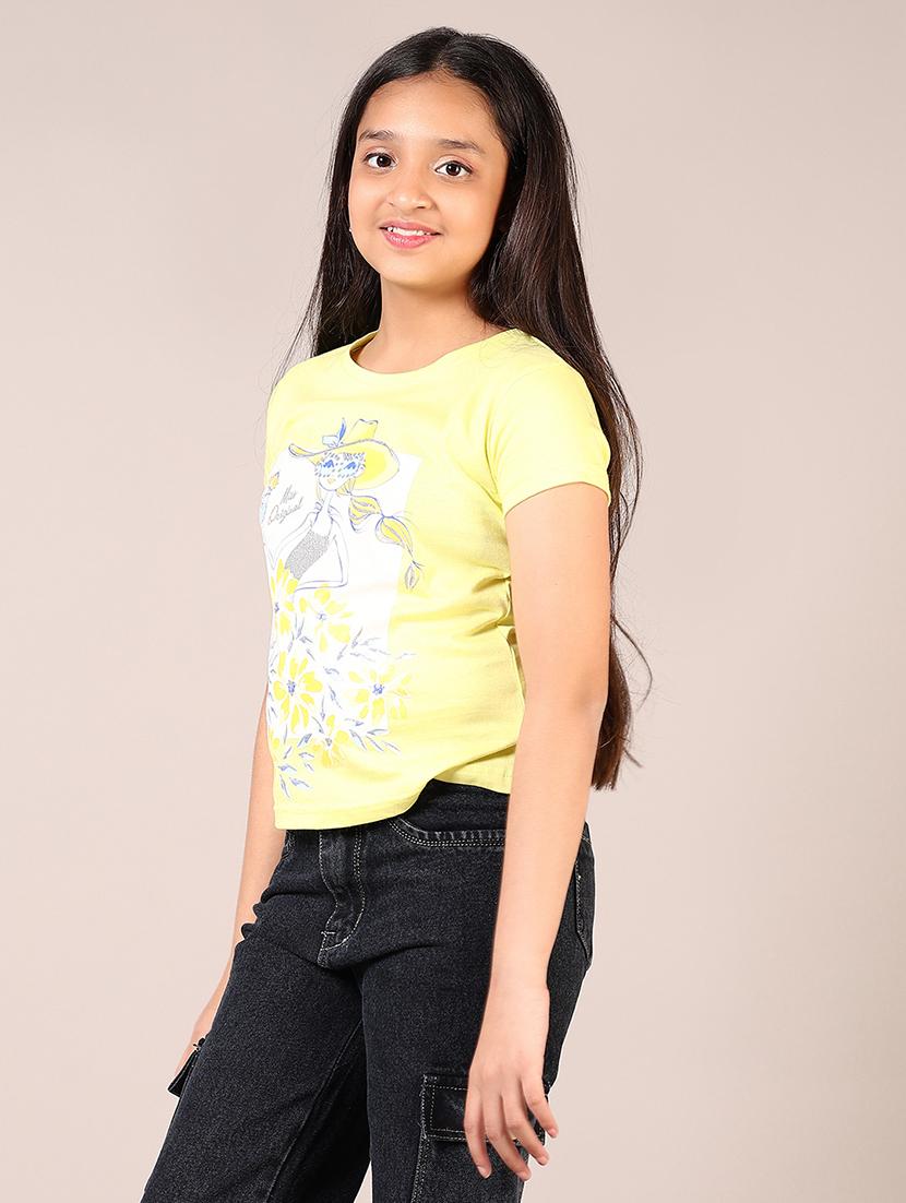 girls yellow front print round neck t-shirt - 21688117 - Standard Image - 2