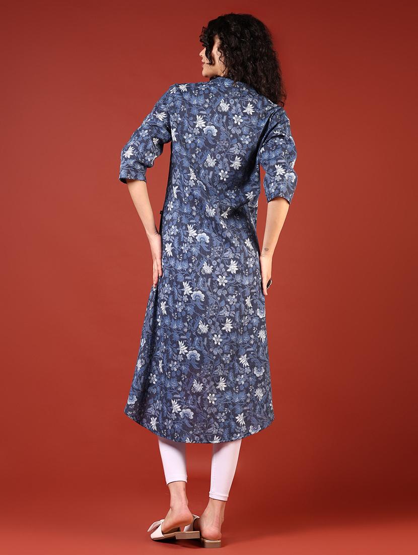 women printed mandarin neck high low kurta - 21688151 - Standard Image - 2