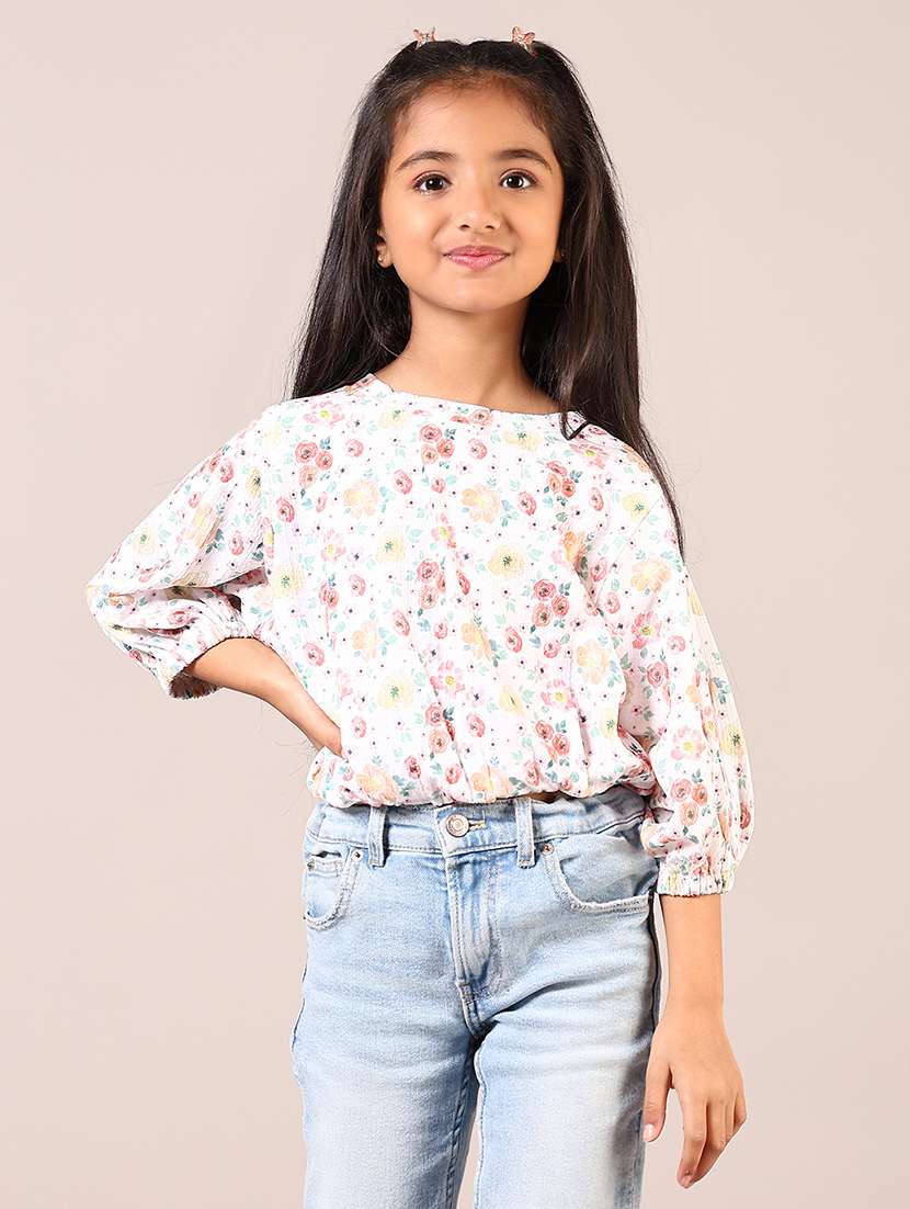 girls off white floral printed three quarter sleeve top