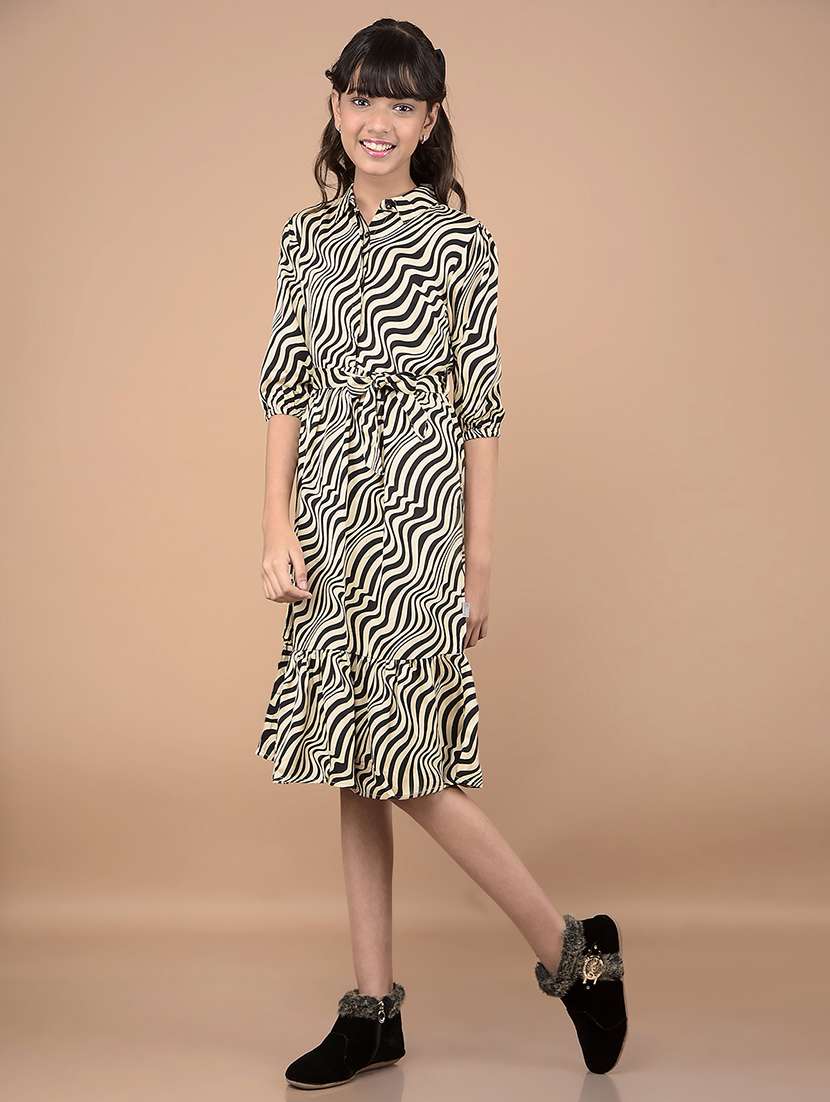 girls beige printed elbow sleeve tiered dress