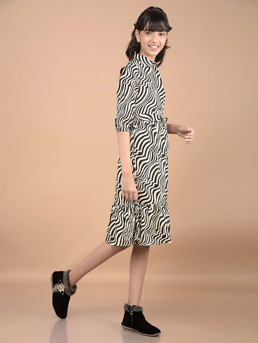 girls beige printed elbow sleeve tiered dress - 21688357 -  Standard Image - 2