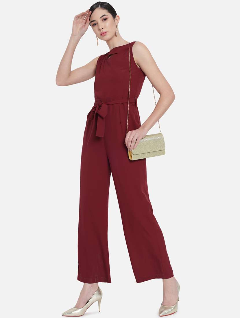 women solid boat neck full length jumpsuit