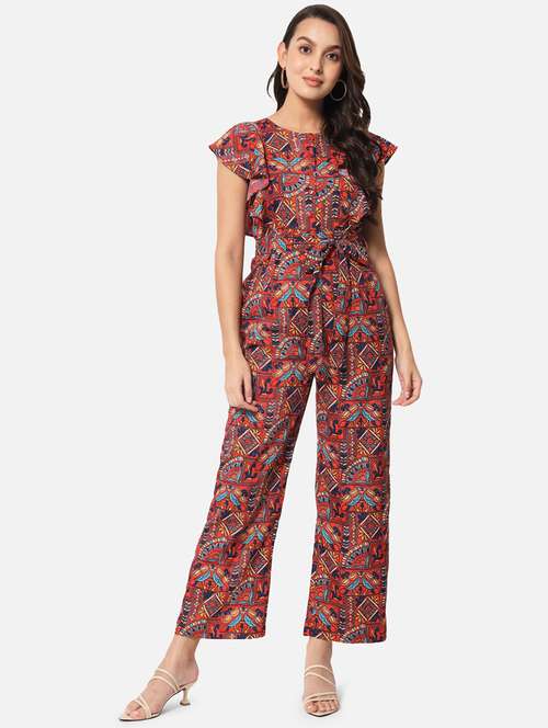 women printed ruffled detailed full length jumpsuit