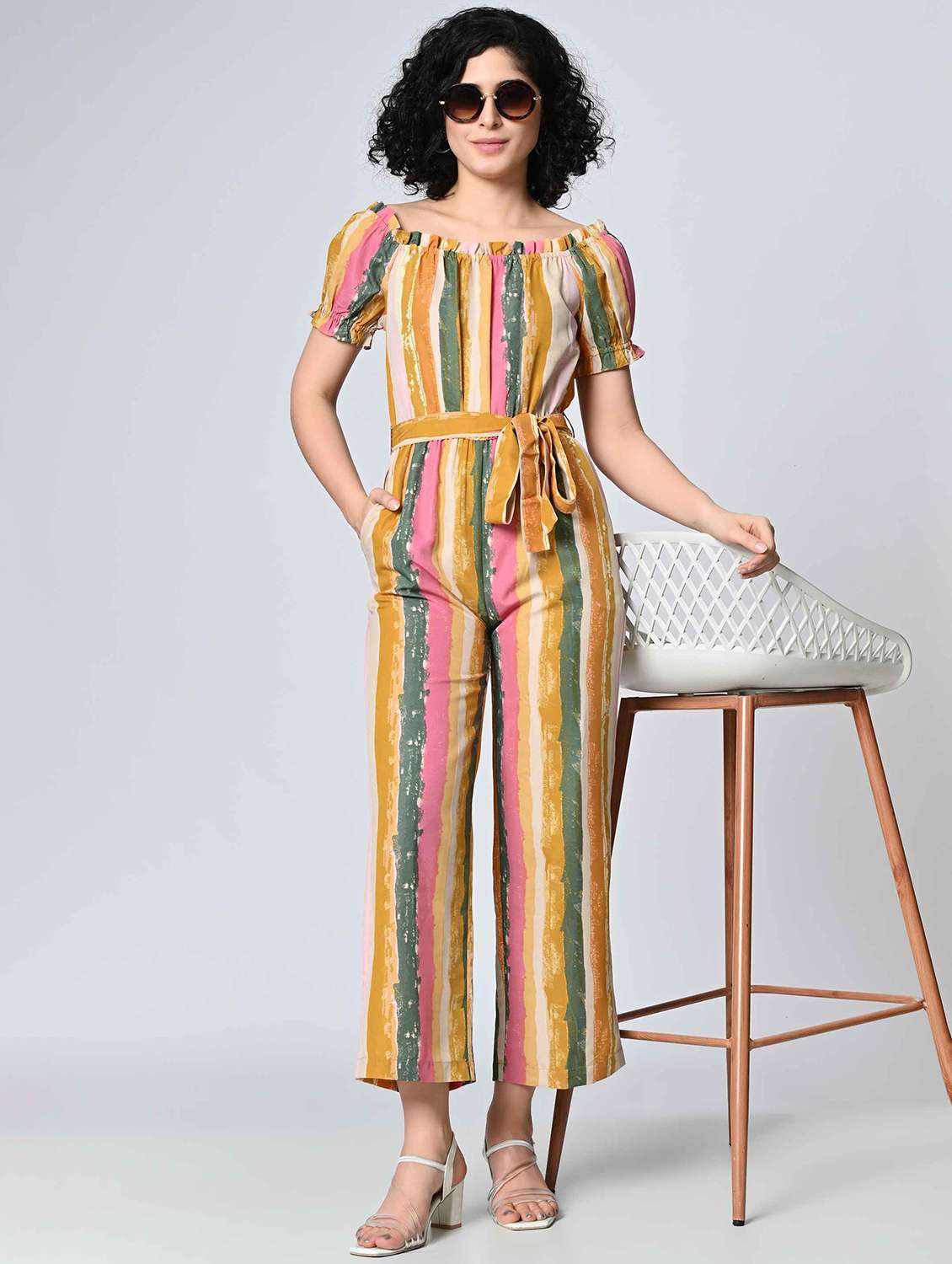 women striped puff sleeves full length jumpsuit