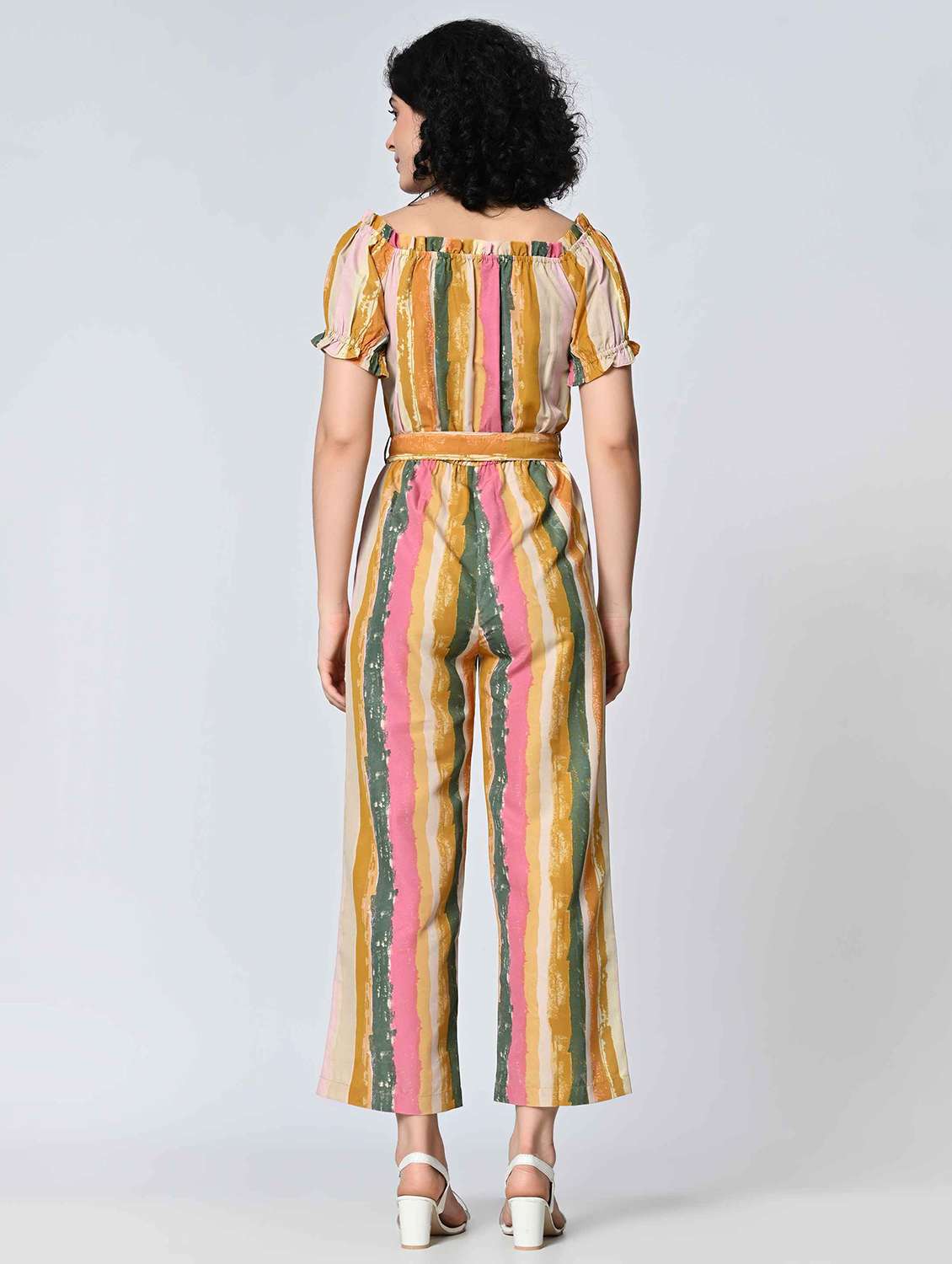 Women Striped Puff Sleeves Full Length Jumpsuit