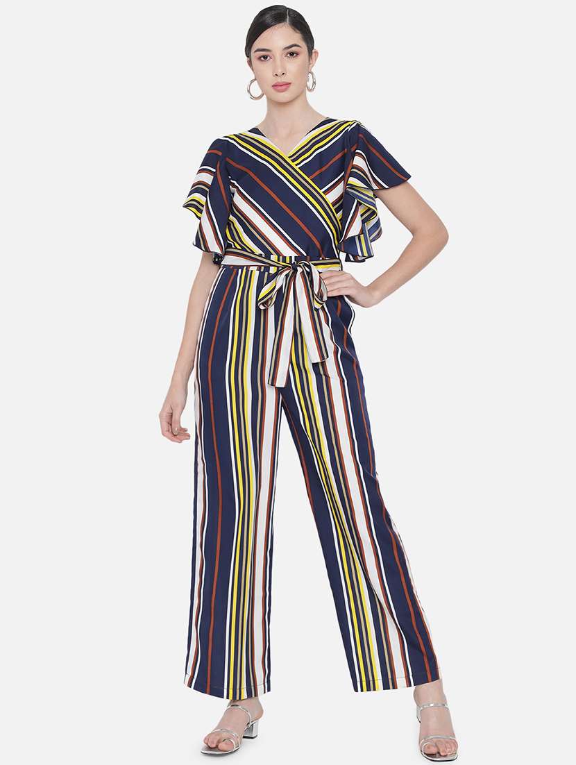 women striped short sleeves full length jumpsuit