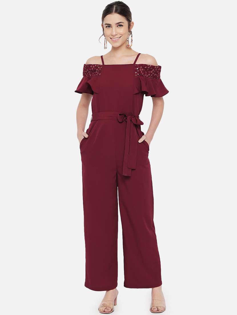 women solid off shoulder full length jumpsuit