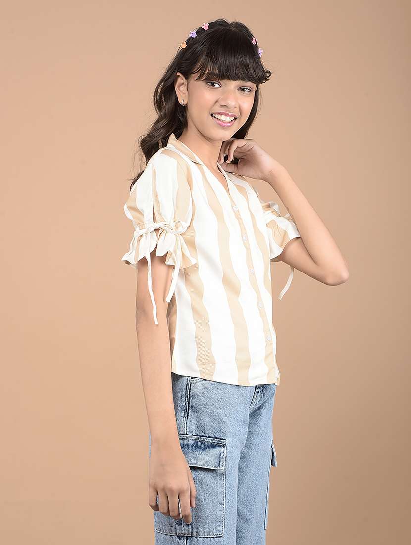 girls beige striped puff sleeve top - 21688448 - Standard Image - 2