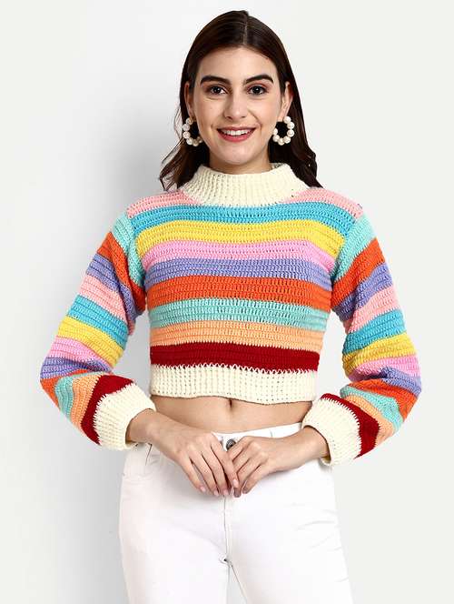 women striped long sleeve cropped pullover - 21688470 -  Standard Image - 0