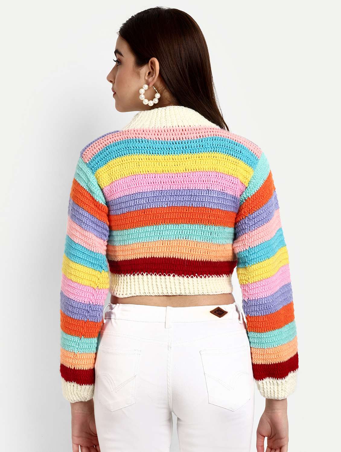 women striped long sleeve cropped pullover - 21688470 - Standard Image - 2