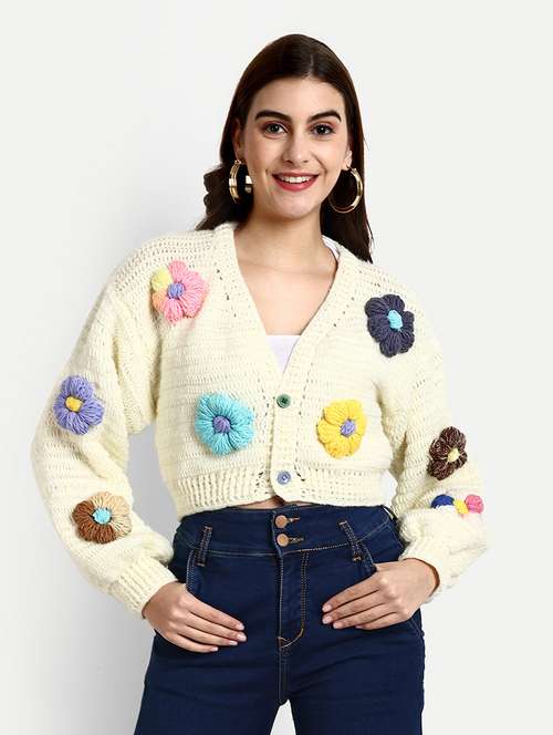 women crochet long sleeves crop cardigan - 21688477 - Standard Image - 0