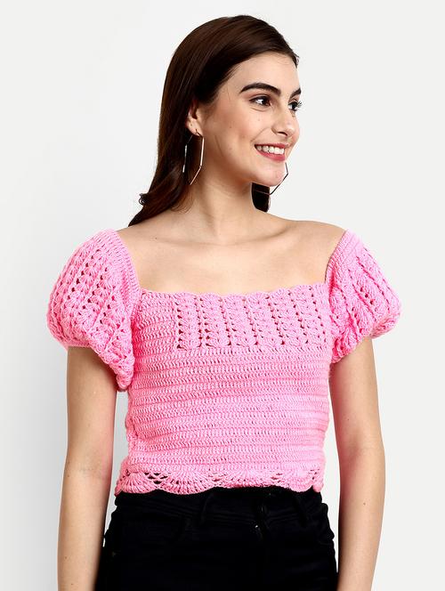 women crochet detailed puff sleeves top - 21688479 -  Standard Image - 0